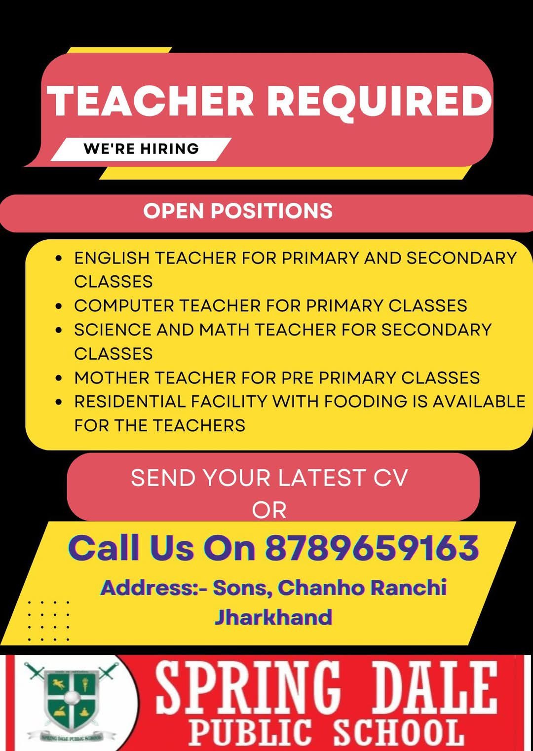 School Jobs at  Spring Dale Public School, Ranchi, Jharkhand  ,  Ranchi